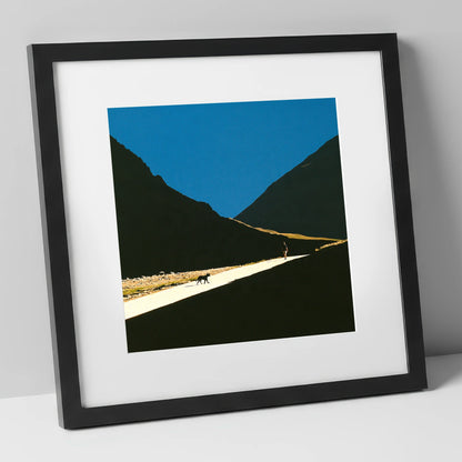 Silhouettes on Sunlit Wasdale Path gifts for dog walkers art print in black frame