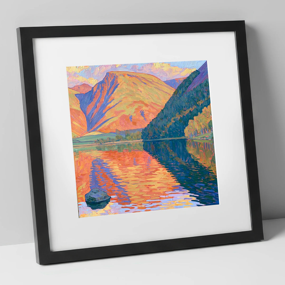 Vibrant Loweswater Sunset Reflections lake district lake art print in black frame