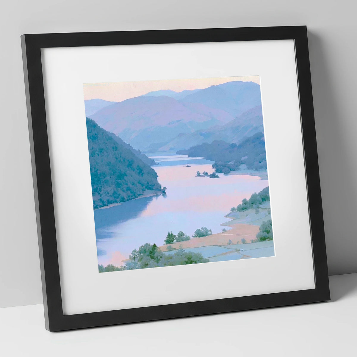 Winding Ullswater at Dawn lake district lake art print in black frame