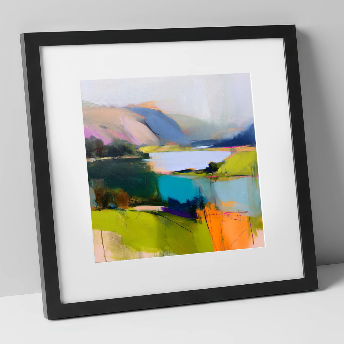 Teal Lake with Magenta Fells lake district lake art print in black frame