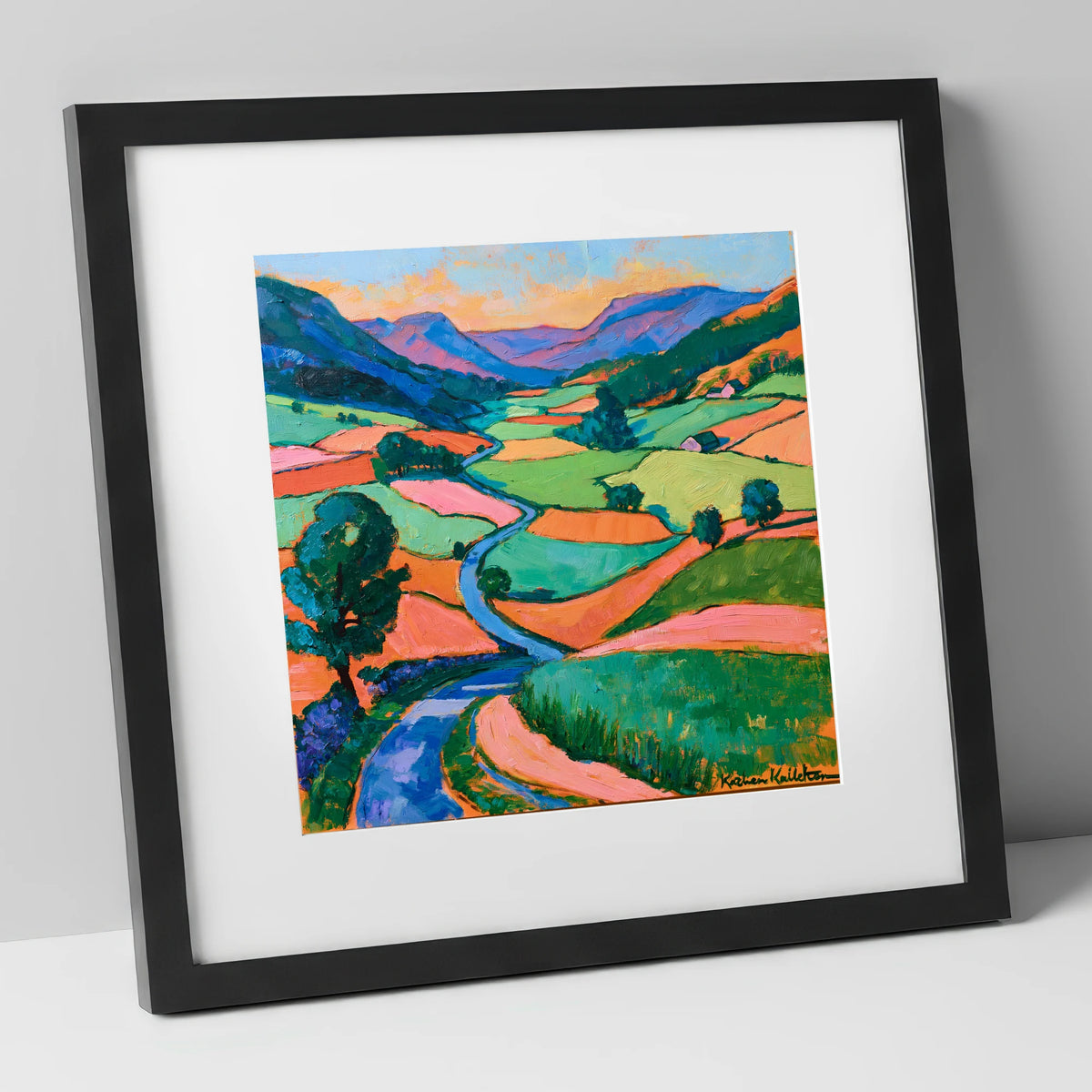 Colourful Patchwork Lake District Dale lake district valley art print in black frame