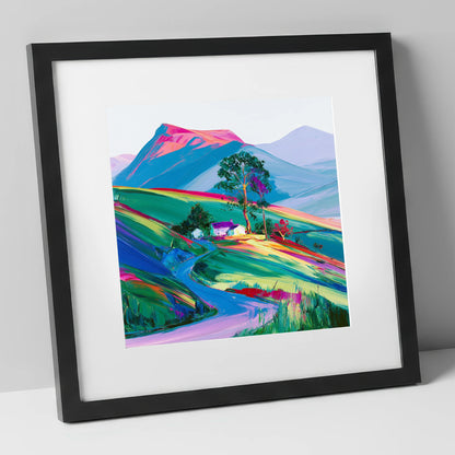 Vibrant Fellside in Evening Light lake district sky art print in black frame