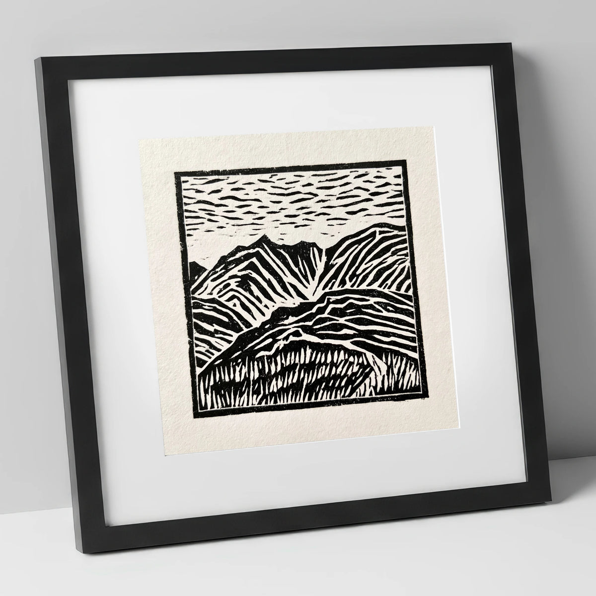 Graphic Mountain Summit View lake district fell art print in black frame