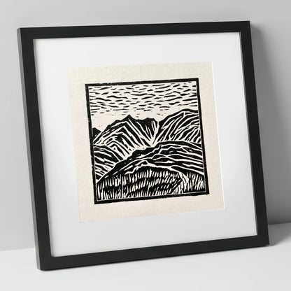 Graphic Mountain Summit View lake district fell art print in black frame