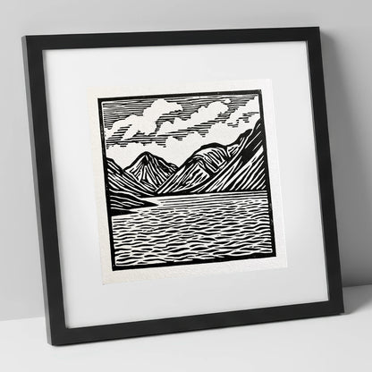 Wastwater Fells in Monochrome lake district lake art print in black frame