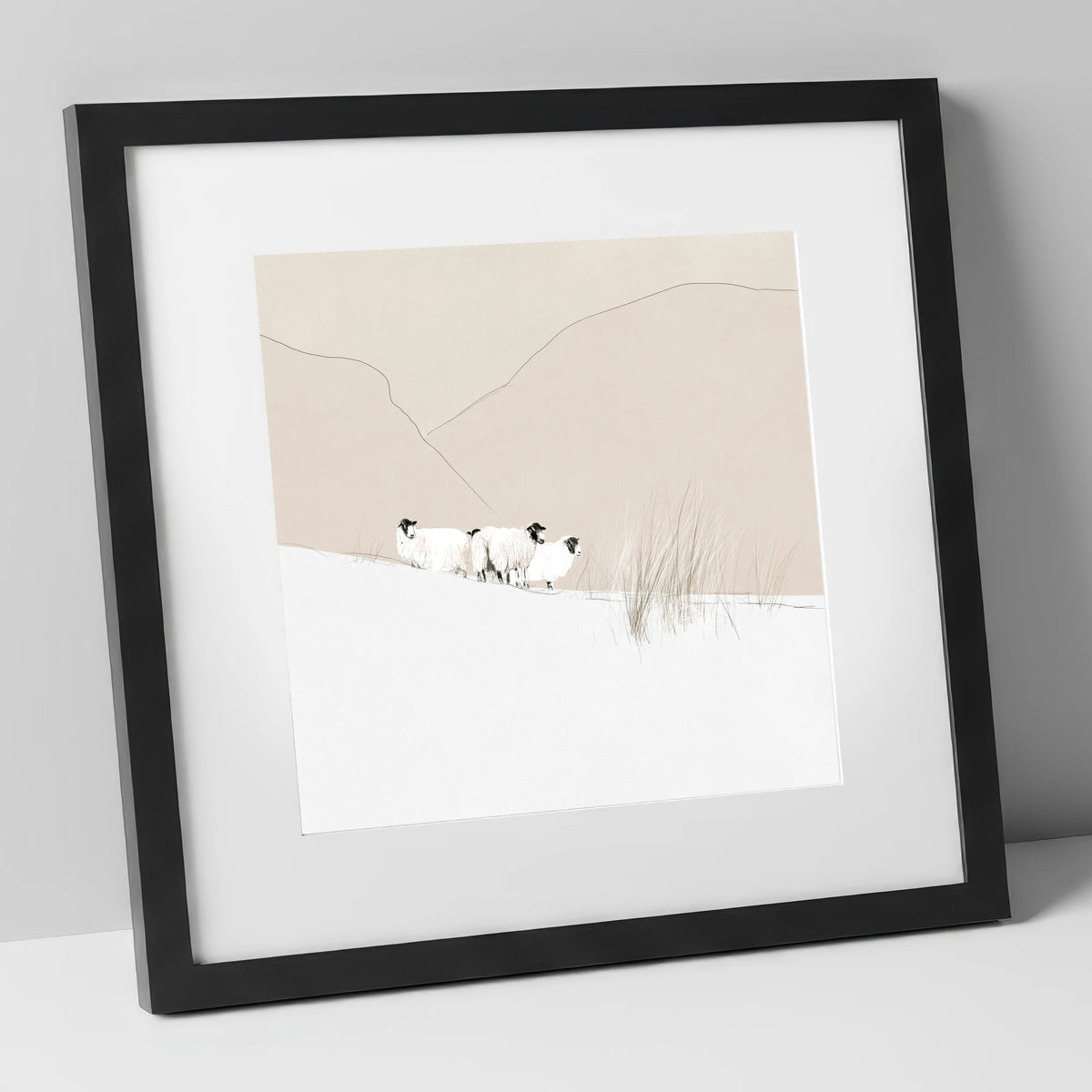 Herdwick Sheep on Minimalist Fell lake district wildlife art print in black frame
