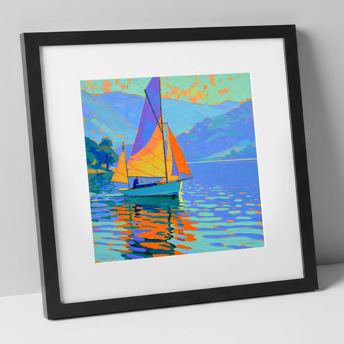 Vibrant Sails on a Breezy Lake lake district walking art print in black frame