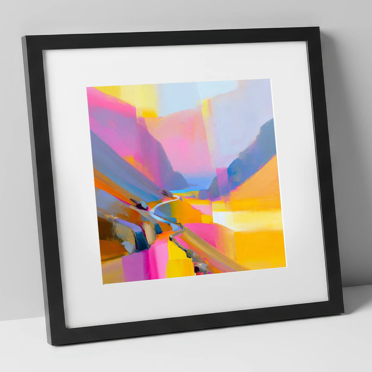 Vivid Fuchsia Winding Mountain Pass lake district valley art print in black frame