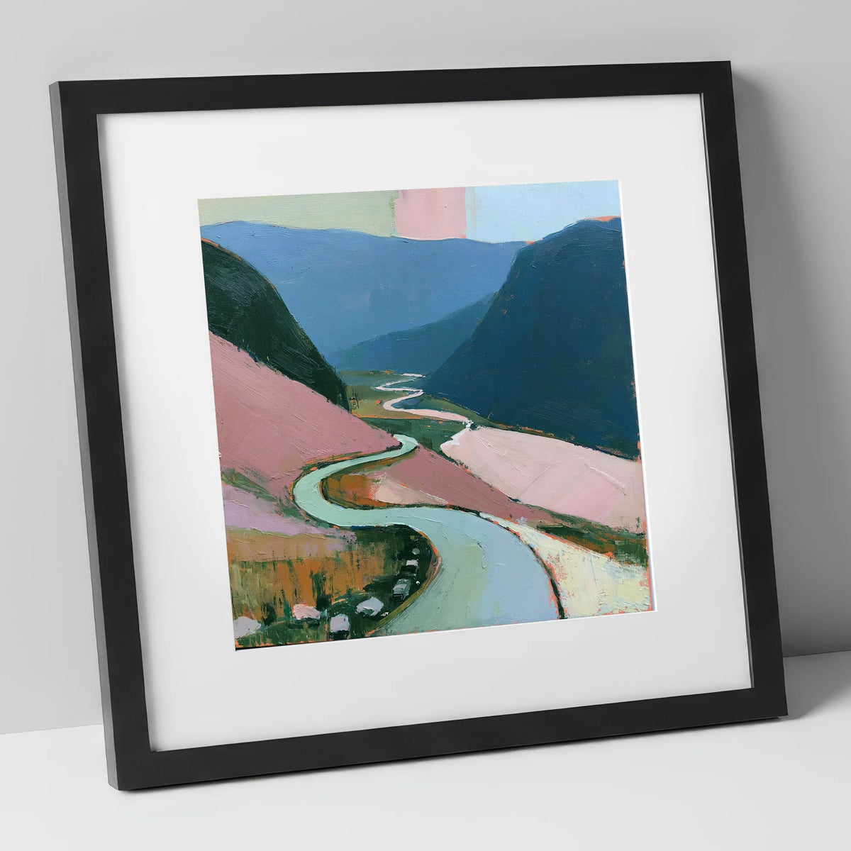 Mountain Pass in Blush and Teal lake district valley art print in black frame