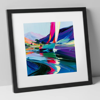 Vibrant Sailboat Beneath Purple Fells lake district walking art print in black frame