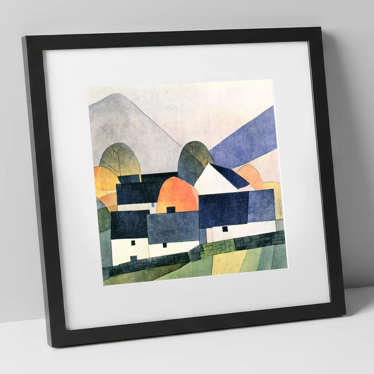 Geometric Slate Roofed Cottages lake district village art print in black frame