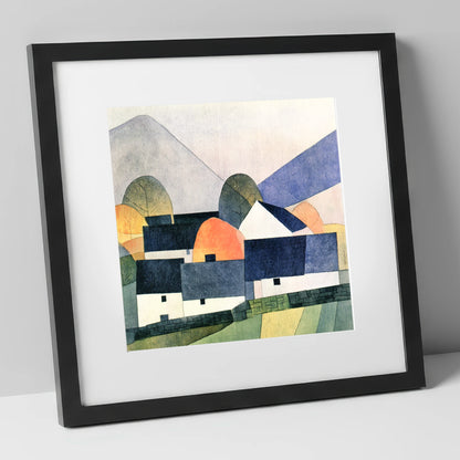 Geometric Slate Roofed Cottages lake district village art print in black frame