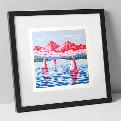 Windermere Sailboats Beneath Pink Fells lake district lake art print in black frame
