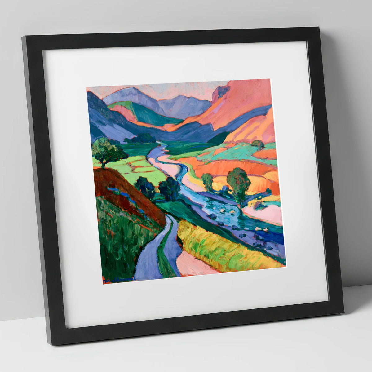 Meandering River Among Bold Fells lake district waterfall art print in black frame