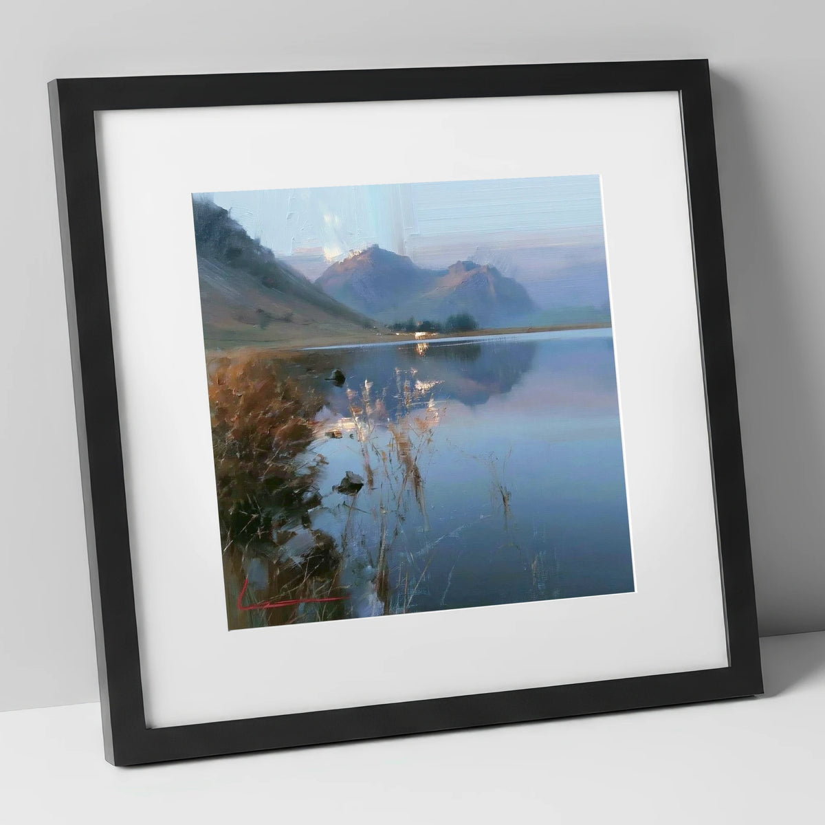 Still Reflections at Loweswater lake district lake art print in black frame