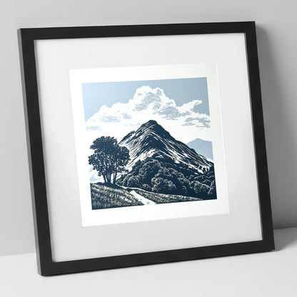 Catbells Fell in Deep Navy lake district fell art print in black frame