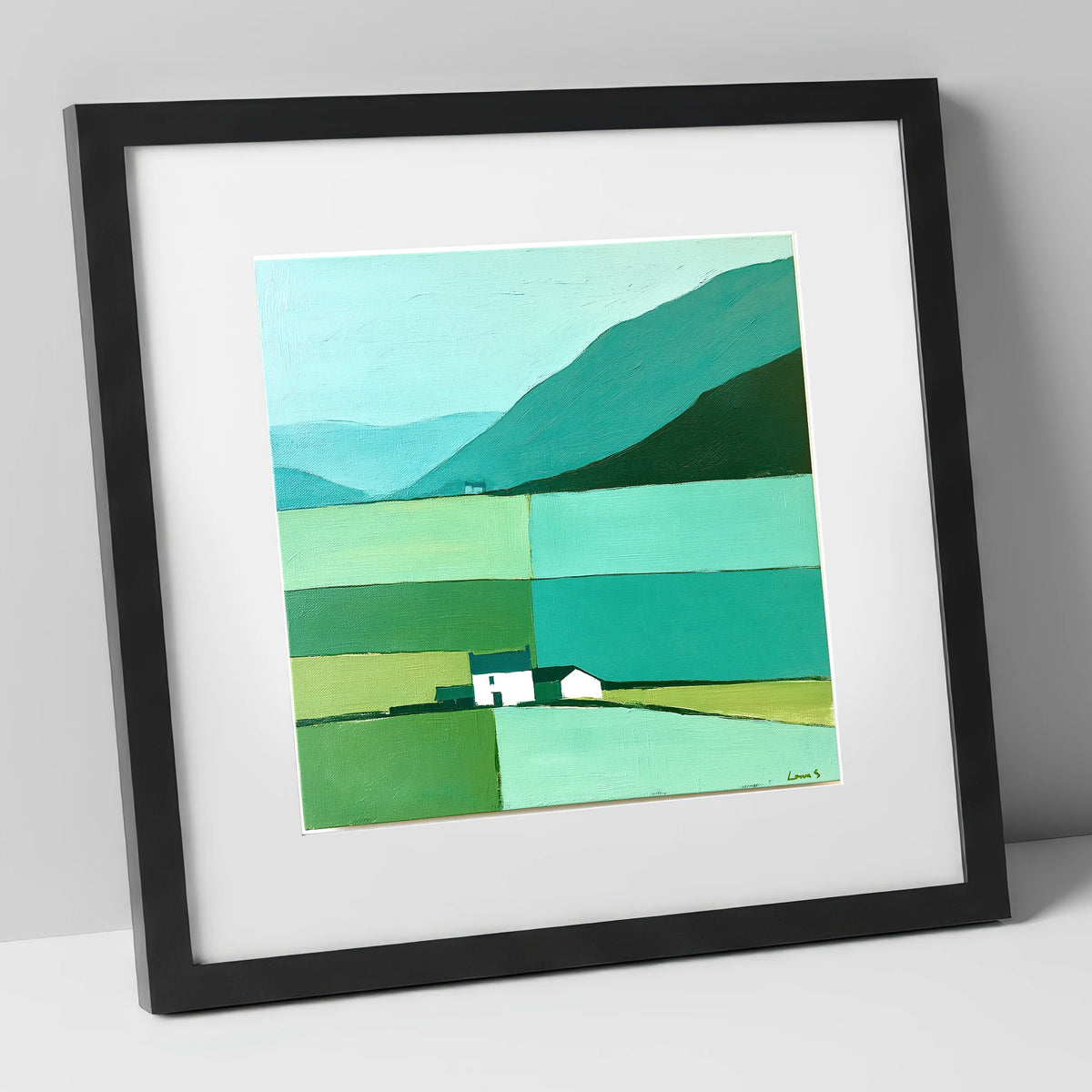 Grasmere Valley in Teal and Mint lake district lake art print in black frame