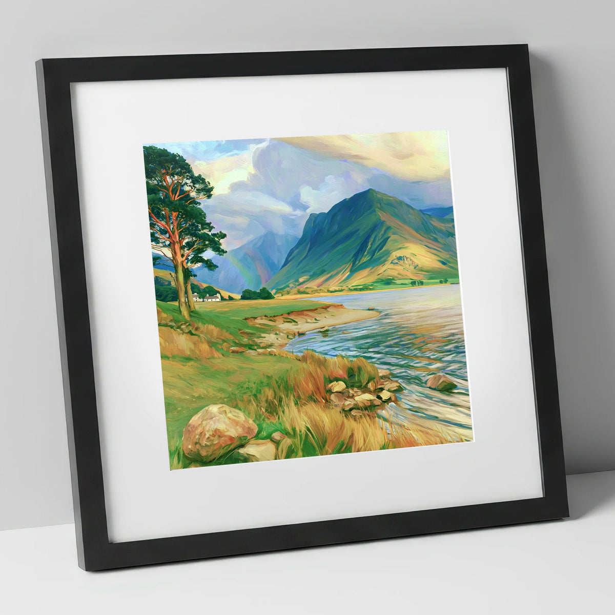 Lakeshore Rainbow After Rain lake district sky art print in black frame