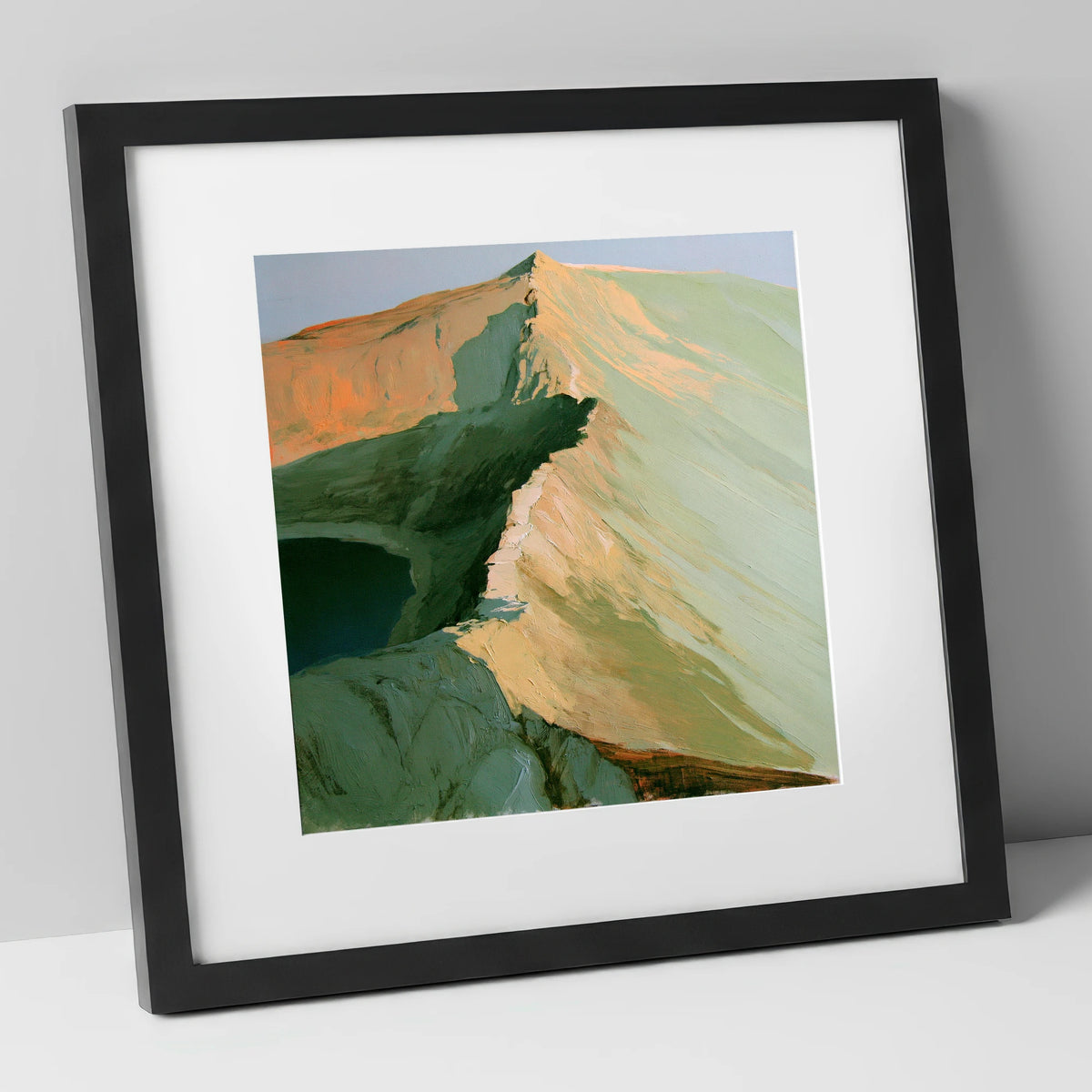 Apricot Light on Striding Edge lake district walking art print in black frame