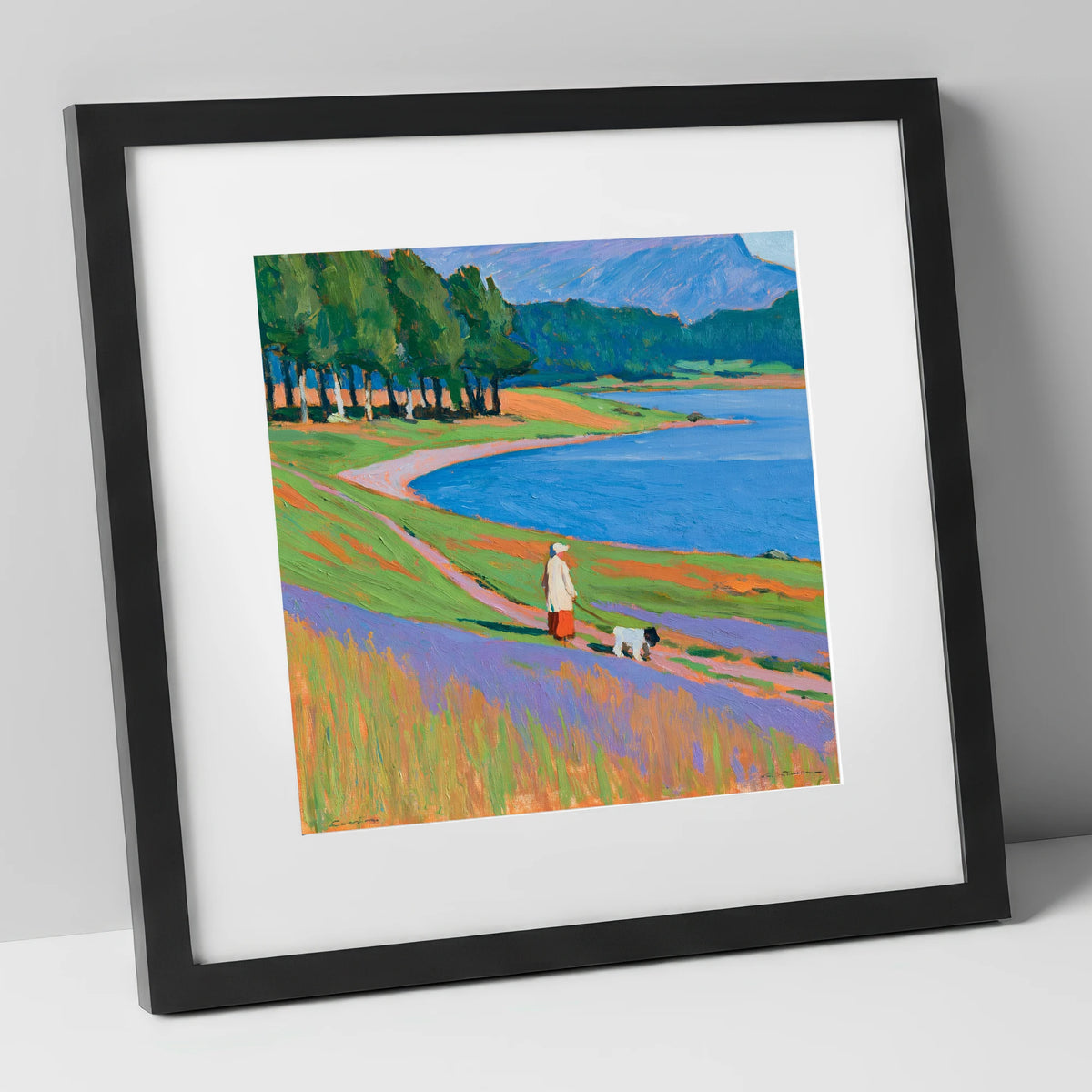 Vibrant Tarn Hows Dog Walk gifts for dog walkers art print in black frame