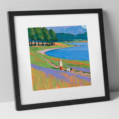 Vibrant Tarn Hows Dog Walk gifts for dog walkers art print in black frame