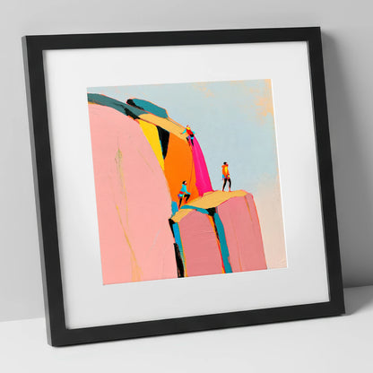 Vibrant Rock Climbers on Crag lake district walking art print in black frame