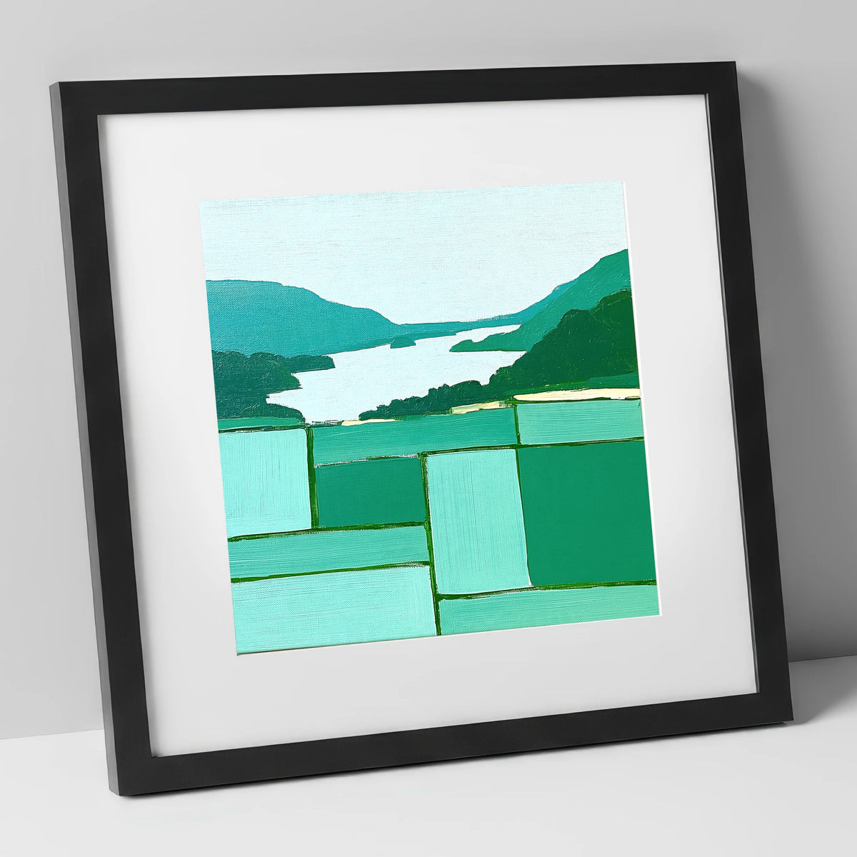 Geometric Greens Above Glenridding lake district village art print in black frame