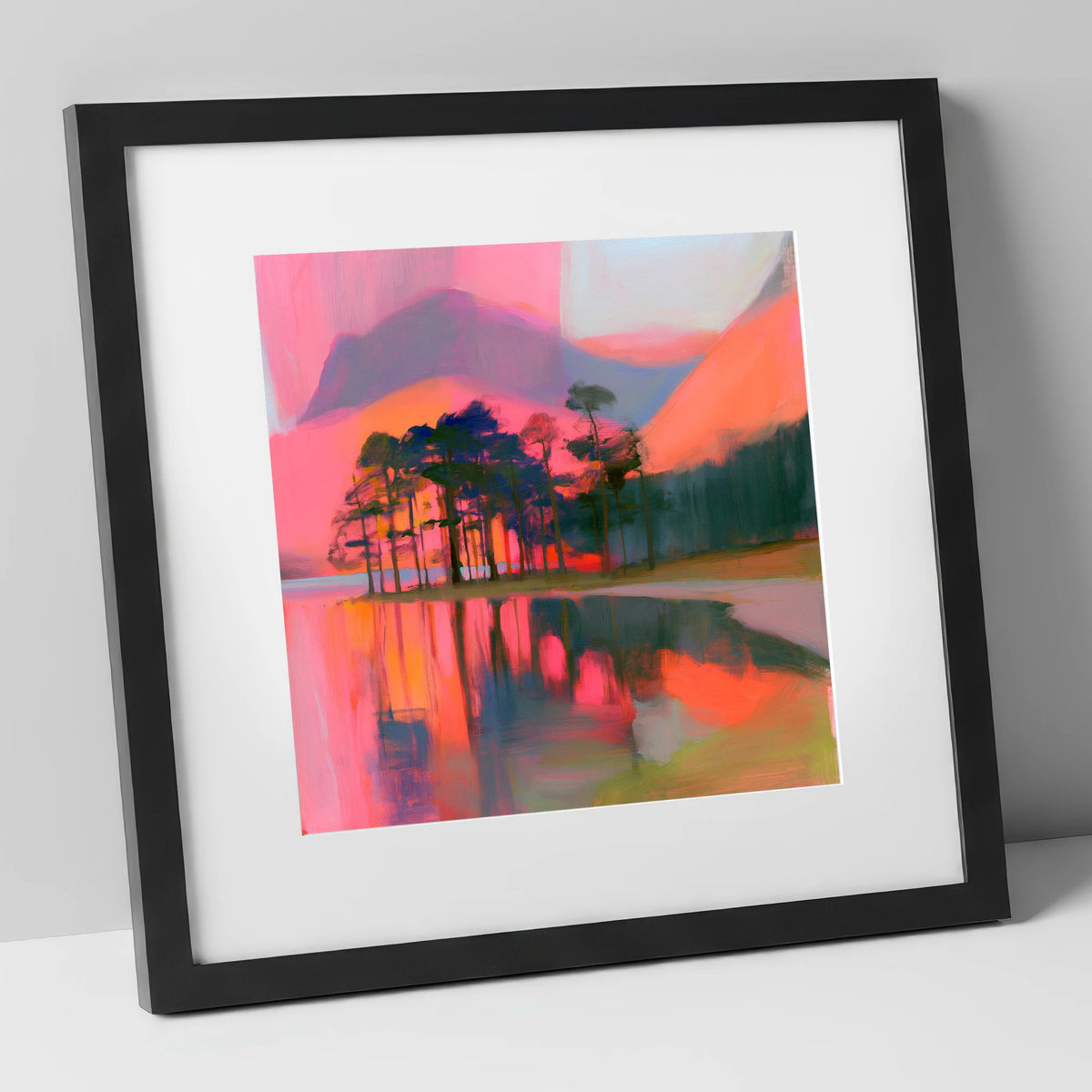 Neon Sunset Over Buttermere Pines lake district lake art print in black frame