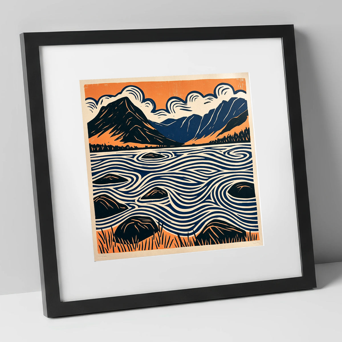 Crummock Water with Swirling Waves lake district lake art print in black frame