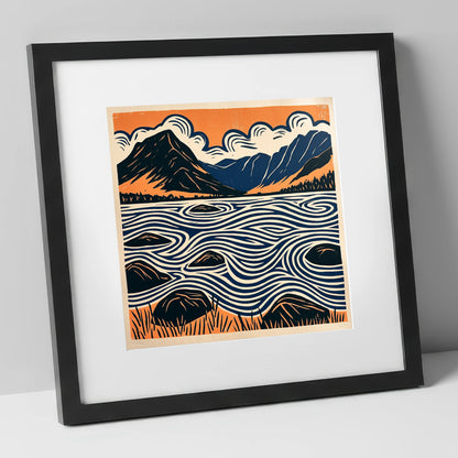 Crummock Water with Swirling Waves lake district lake art print in black frame