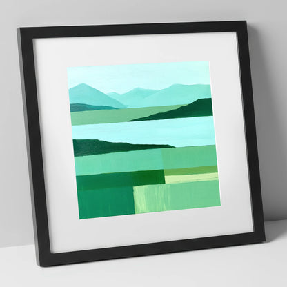 Coniston Water in Abstract Green lake district village art print in black frame