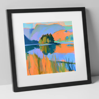 Vibrant Grasmere and Wooded Island lake district lake art print in black frame
