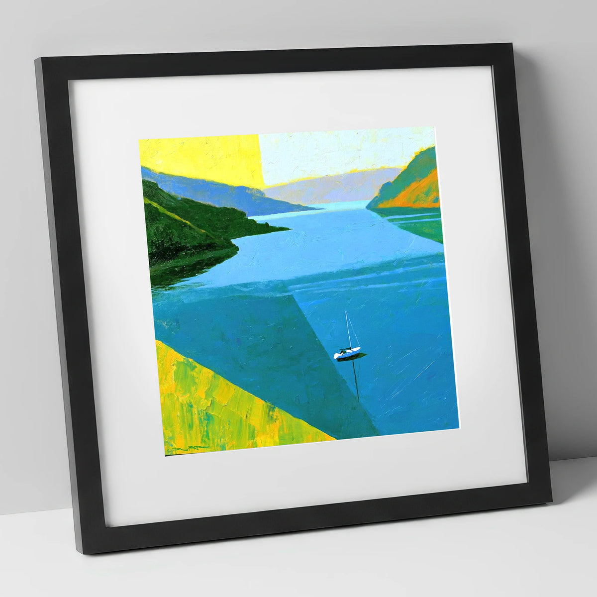 Ullswater Sailboat in Vibrant Blue lake district lake art print in black frame