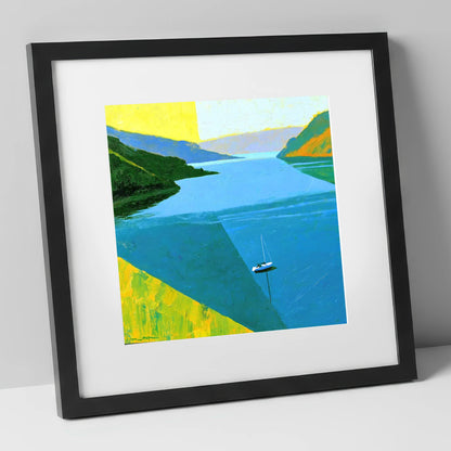 Ullswater Sailboat in Vibrant Blue lake district lake art print in black frame
