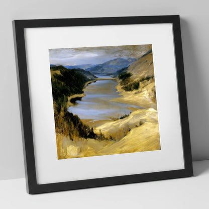 Thirlmere Reservoir in Golden Ochre lake district lake art print in black frame