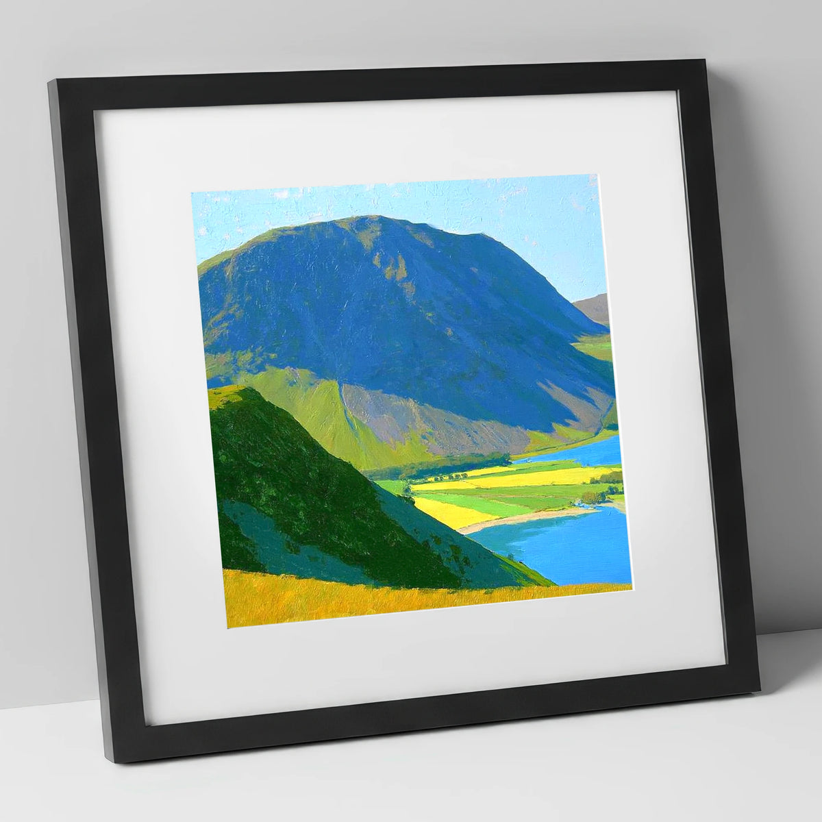 Grasmoor Over Sunlit Valley Fields lake district fell art print in black frame