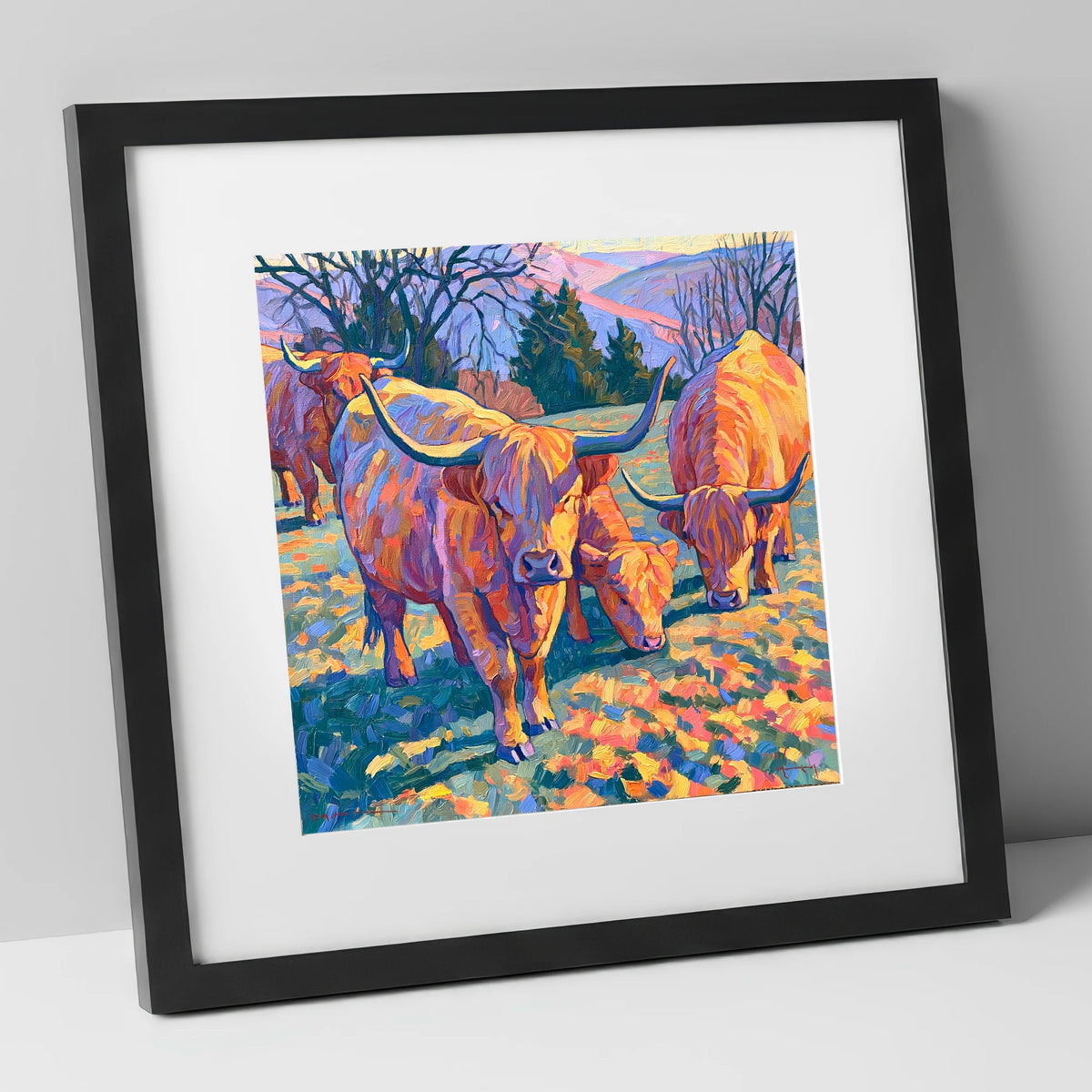 Highland Cattle in Golden Fell Light lake district wildlife art print in black frame