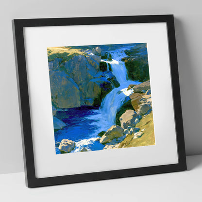 Cascading Waterfall over Sunlit Rocks lake district waterfall art print in black frame