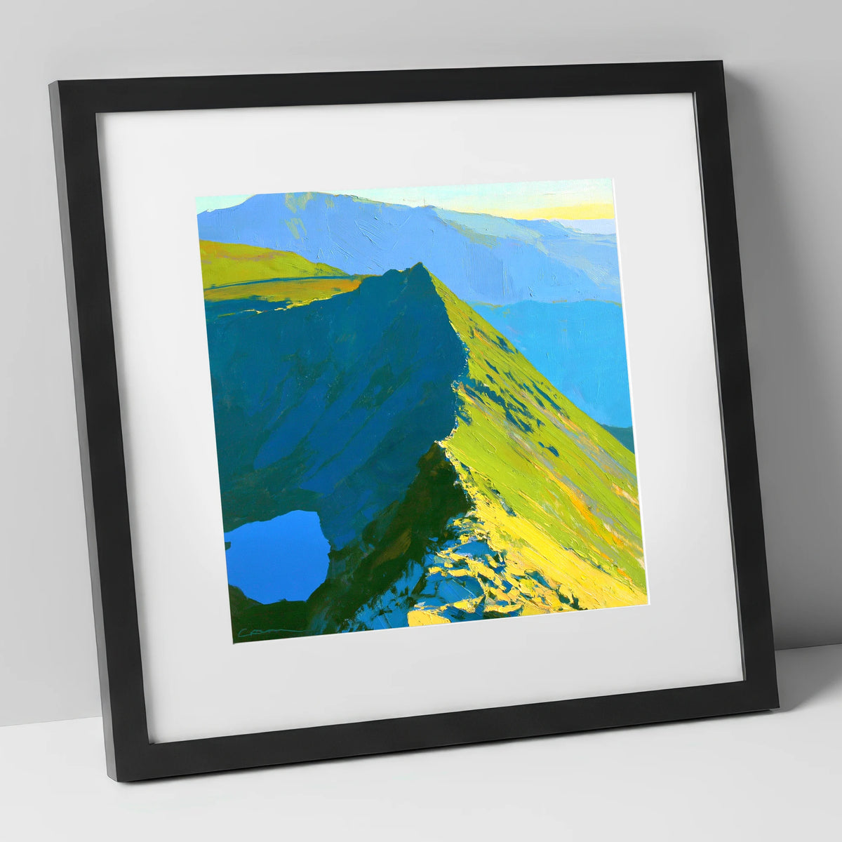 Dramatic Sunlight on Striding Edge lake district walking art print in black frame