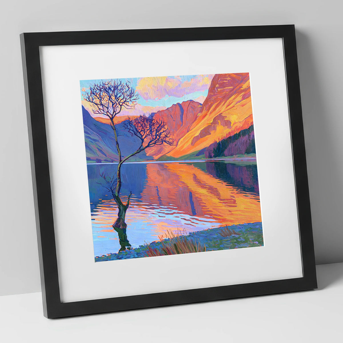 Vibrant Lone Tree at Buttermere lake district lake art print in black frame