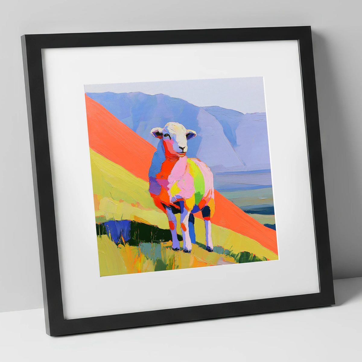 Vivid Herdwick on the Fells lake district wildlife art print in black frame