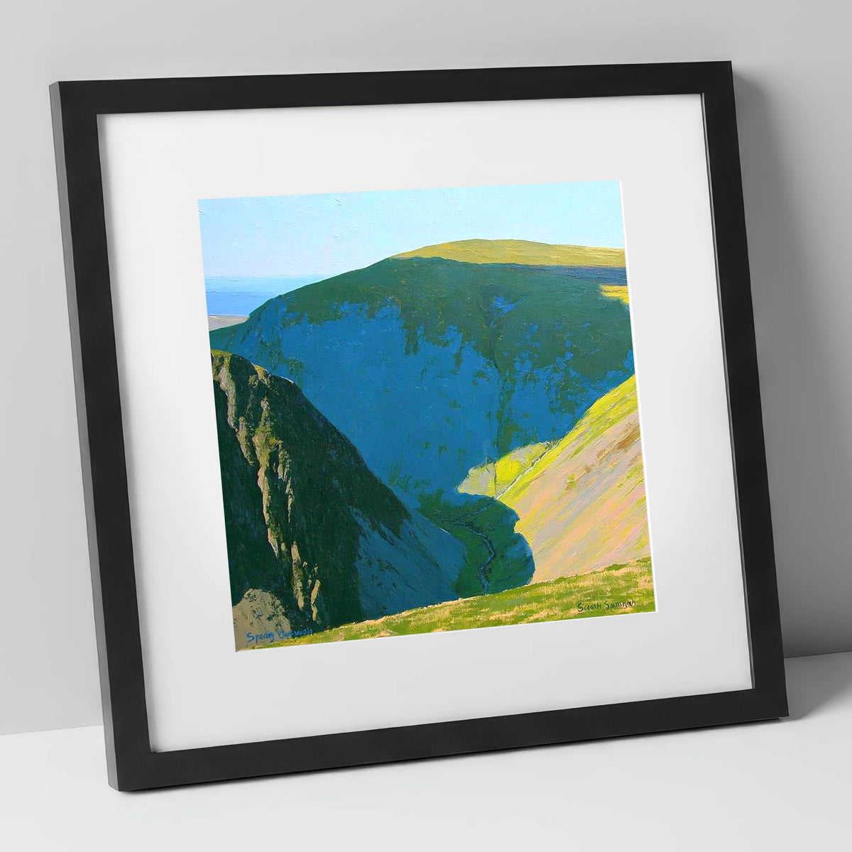 High Pike Deep Blue Valley lake district fell art print in black frame