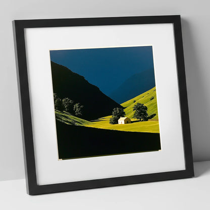Sunlit Farmhouse in a Green Valley lake district valley art print in black frame