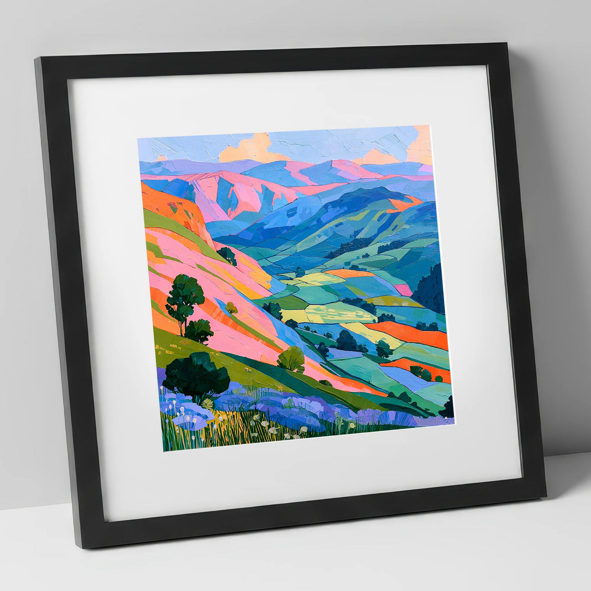 Vibrant Fells in Golden Light lake district sky art print in black frame