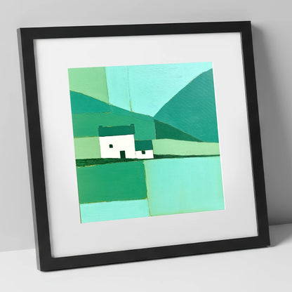 Geometric Grasmere Cottage and Fells lake district lake art print in black frame