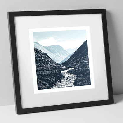 Kirkstone Pass in Deep Navy lake district valley art print in black frame