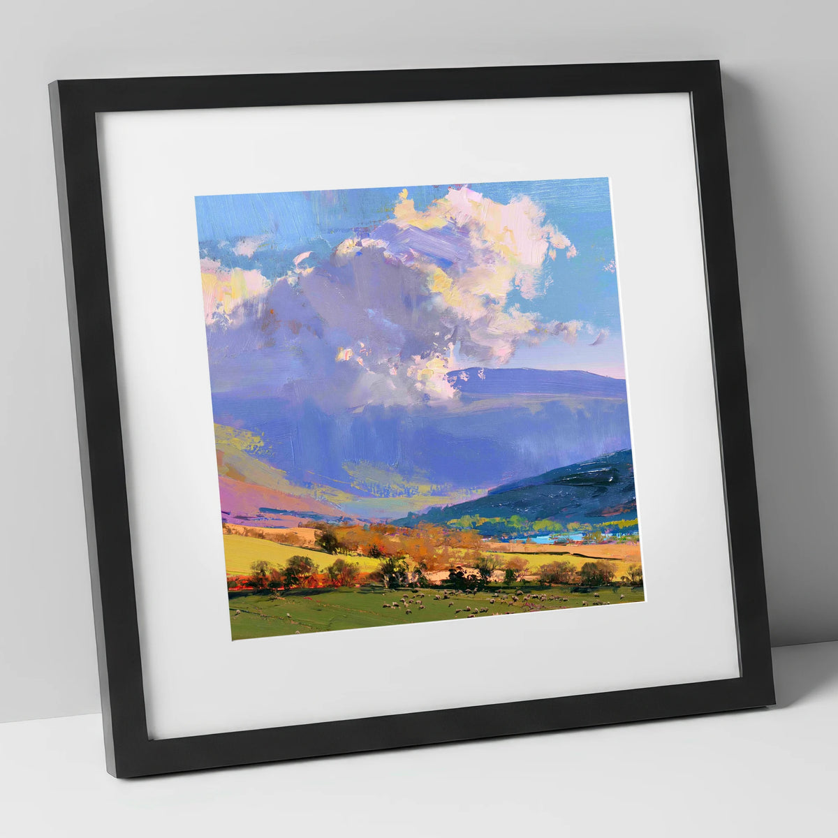 Vibrant Fells Under Dramatic Cloud lake district fell art print in black frame
