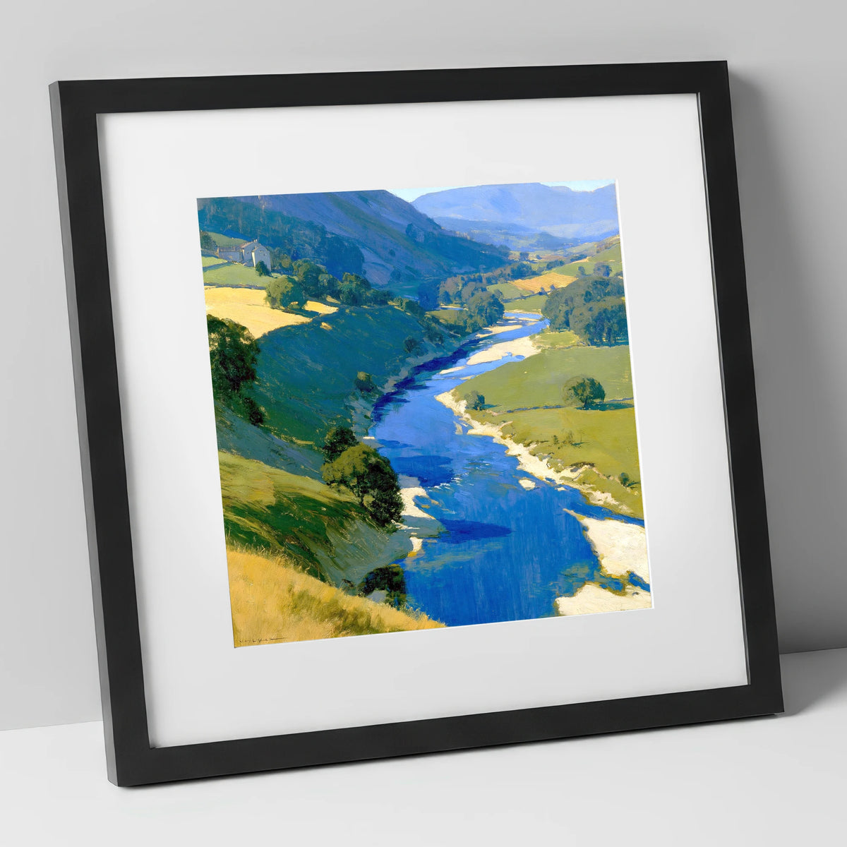 Vivid Winding River Valley lake district waterfall art print in black frame
