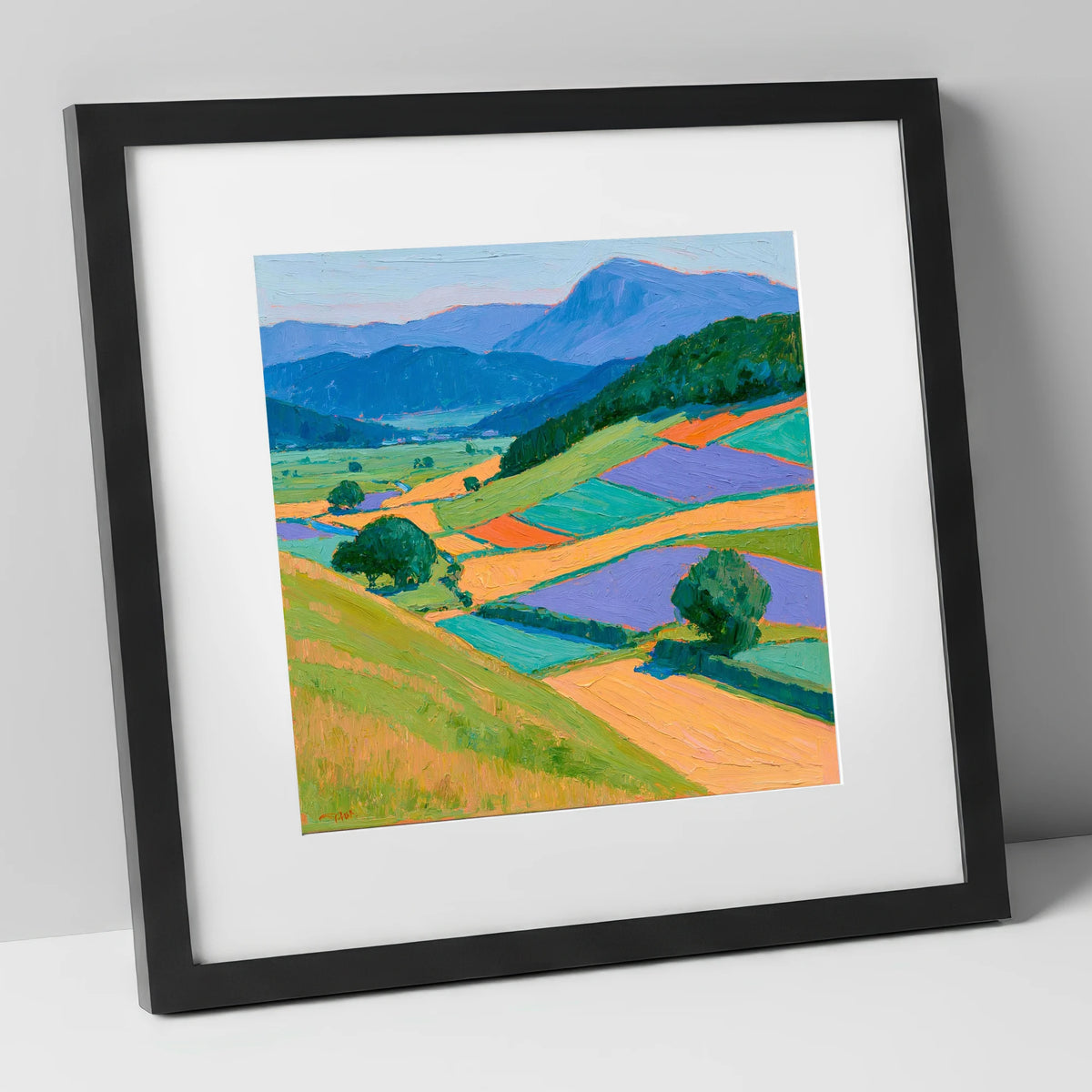 Violet And Ochre Dale Fields lake district valley art print in black frame