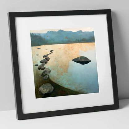 Scattered Rocks on Golden Elterwater lake district lake art print in black frame